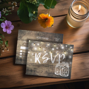Postal De Invitación Rustic Wood & Mason Jar String Lights Wedding RSVP