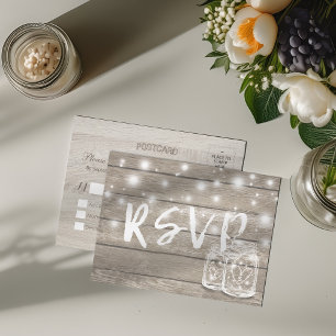 Postal De Invitación Rustic Wood & Mason Jar String Lights Wedding RSVP