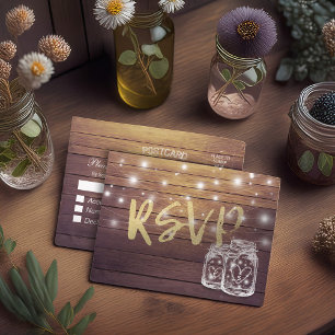 Postal De Invitación Rustic Wood & Mason Jar String Lights Wedding RSVP