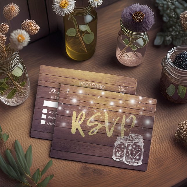 Postal De Invitación Rustic Wood & Mason Jar String Lights Wedding RSVP (Subido por el creador)