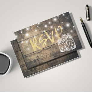 Postal De Invitación Rustic Wood & Mason Jar String Lights Wedding RSVP