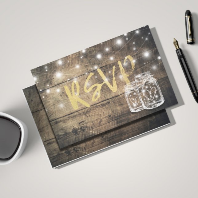 Postal De Invitación Rustic Wood & Mason Jar String Lights Wedding RSVP (Subido por el creador)
