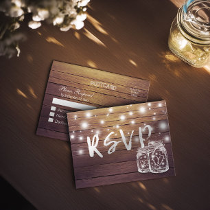 Postal De Invitación Rustic Wood & Mason Jar String Lights Wedding RSVP