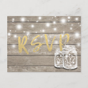 Postal De Invitación Rustic Wood & Mason Jar String Lights Wedding RSVP