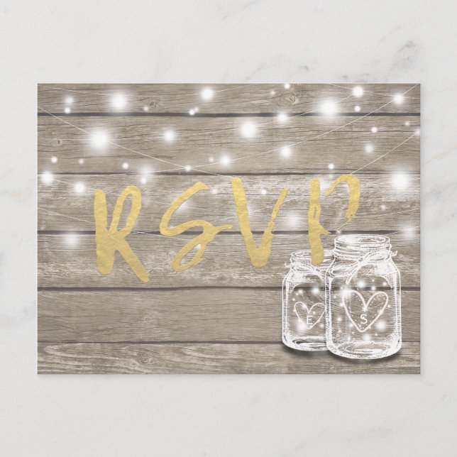 Postal De Invitación Rustic Wood & Mason Jar String Lights Wedding RSVP (Anverso)