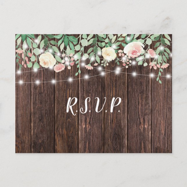 Postal De Invitación Rustic Wood Rubor Floral Lights boda rsvp (Anverso)