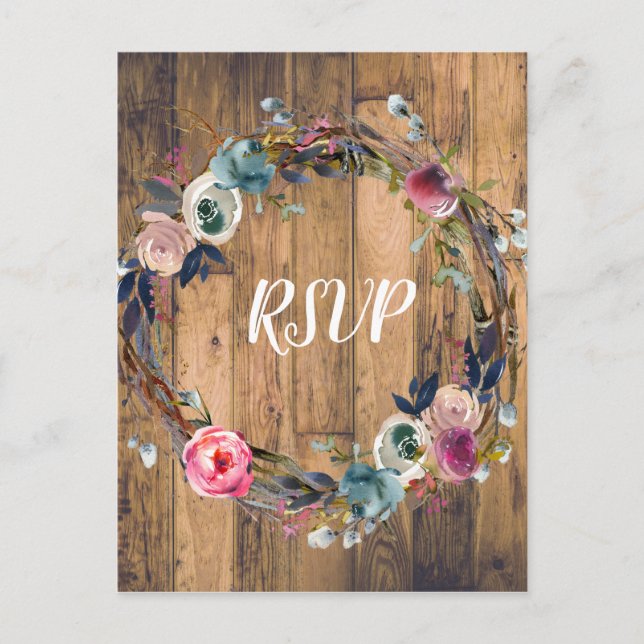 Postal De Invitación Rustic Wood Stick Floral Wreath Moderno RSVP (Anverso)
