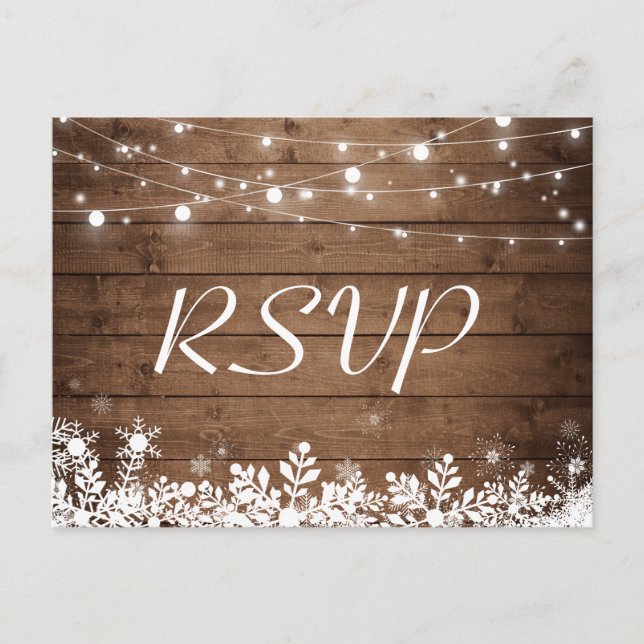 Postal De Invitación Rustic Wood String enciende Snowflakes Wedding RSV (Anverso)