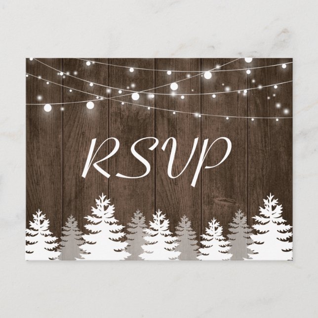 Postal De Invitación Rustic Wood String ilumina Pine Trees Wedding RSVP (Anverso)