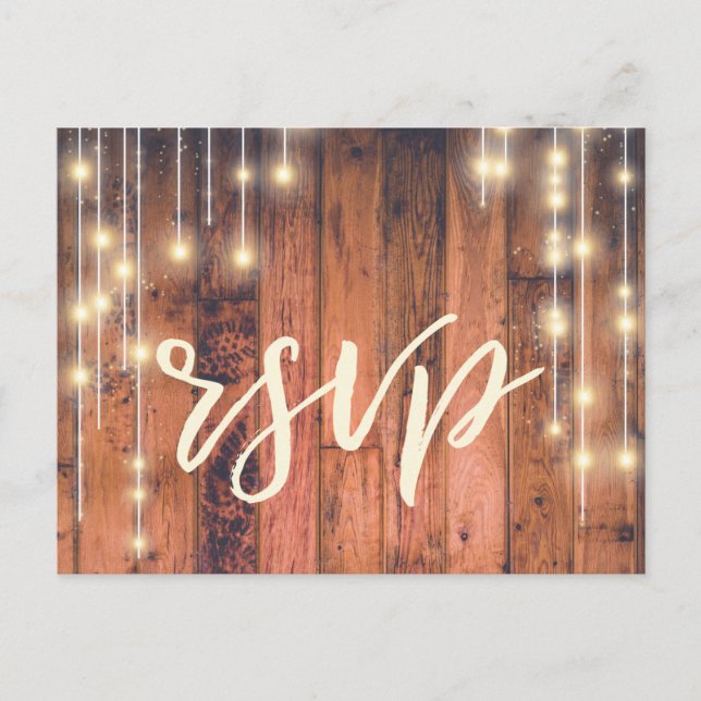 Postal De Invitación Rustic Wood String Lights | Comida RSVP (Anverso)