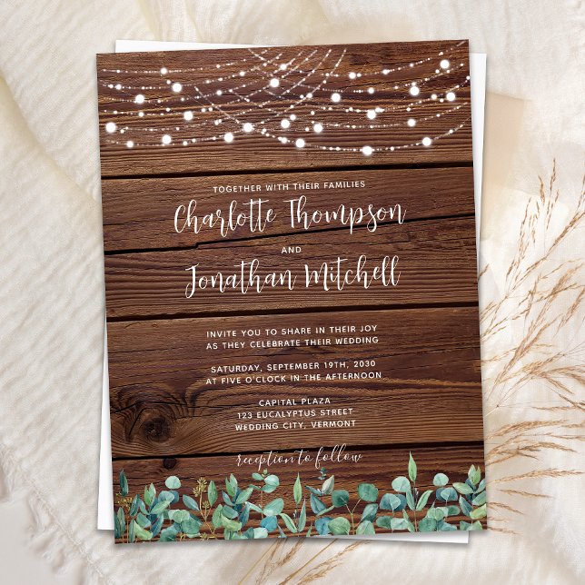 Postal De Invitación Rustic Wood String Lights Eucalyptus Boda Invite (Subido por el creador)