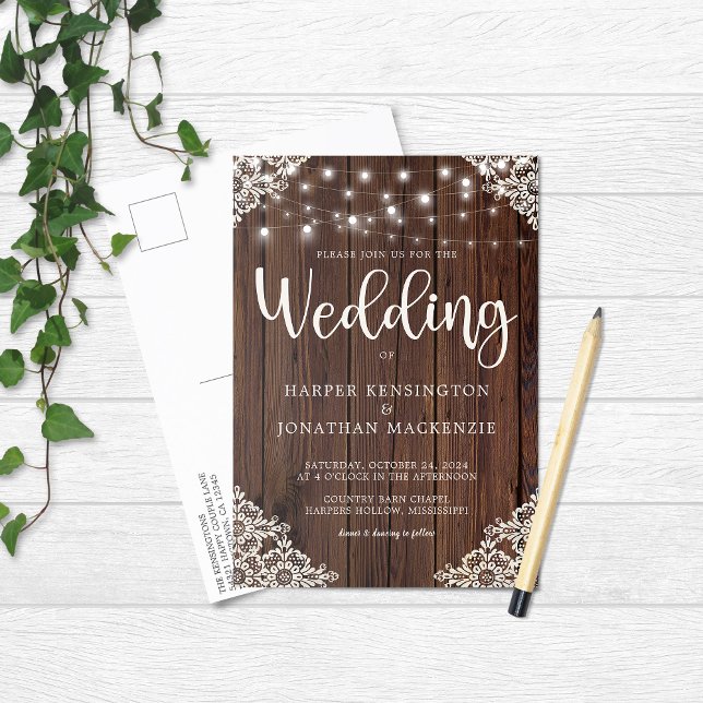Postal De Invitación Rustic Wood String Lights Lace Boda (Subido por el creador)
