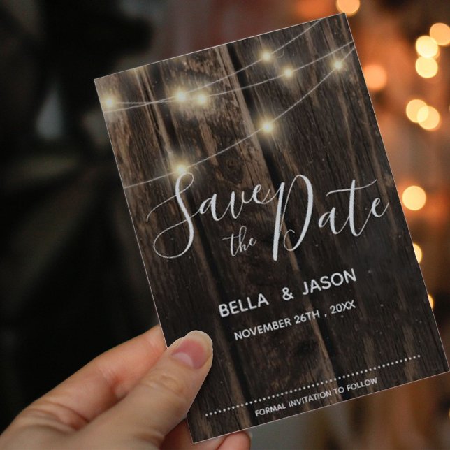 Postal De Invitación Rustic Wood String Lights Wedding Save The Date (Rustic Wood String Lights Wedding Save The Date Invitation Postcard)