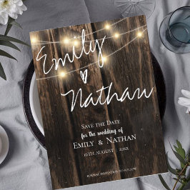 Postal De Invitación Rustic Wood String Lights Wedding Save The Date
