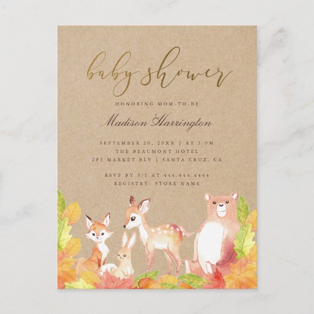 Postal De Invitación Rustic Woodland Friends Of Forest Baby Shower (Anverso)