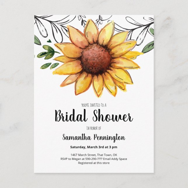 Postal De Invitación Rústica acuarela Sunflower Bridal Shower (Anverso)