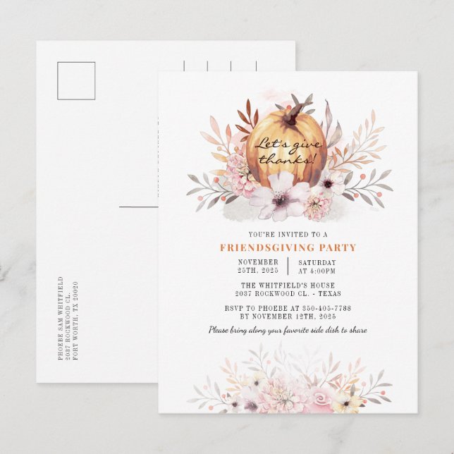 Postal De Invitación Rústica Amistad Floral Caída Sale Calabaza (Anverso / Reverso)