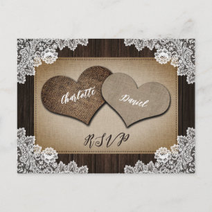 Postal De Invitación Rústica Burlap Hearts RSVP Postcard Elección de la