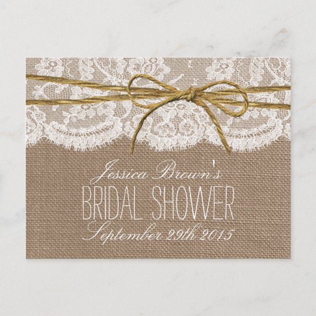 Postal De Invitación Rústica Burlap Lace Twine Bow Bridal Shower Receta (Anverso)