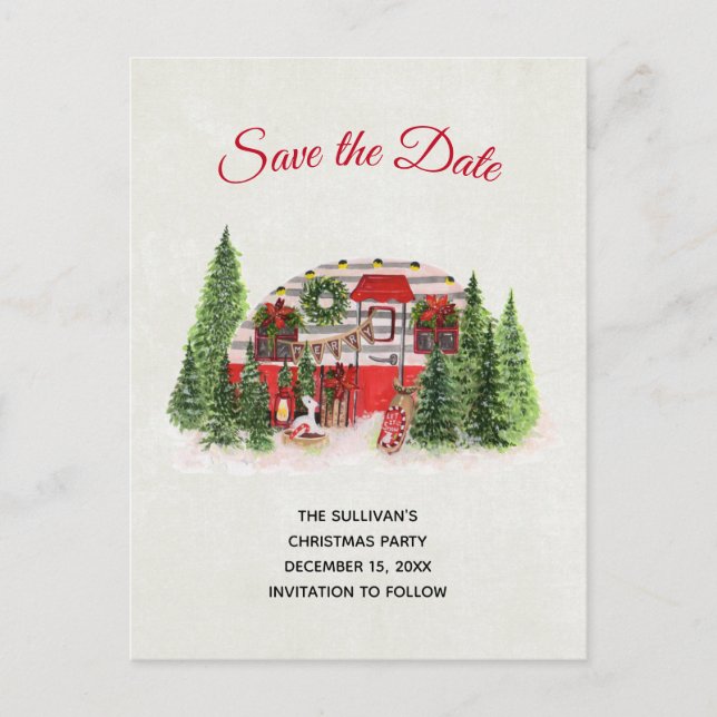 Postal De Invitación Rústica de camper de navidades salva la fecha (Anverso)