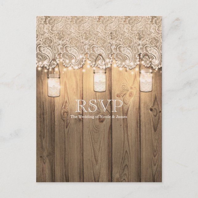 Postal De Invitación Rústica encaje de madera y Mason Jar Wedding RSVP (Anverso)