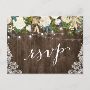 Postal De Invitación Rústica Madera Floral Lace String Luces Boda RSVP