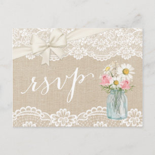 Postal De Invitación Rústica Marfil Burlap Lace Floral Mason Jar RSVP