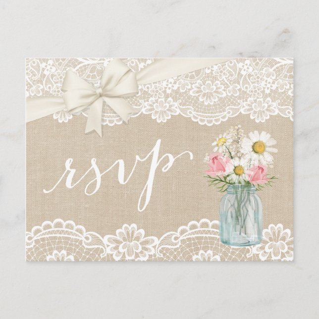 Postal De Invitación Rústica Marfil Burlap Lace Floral Mason Jar RSVP (Anverso)