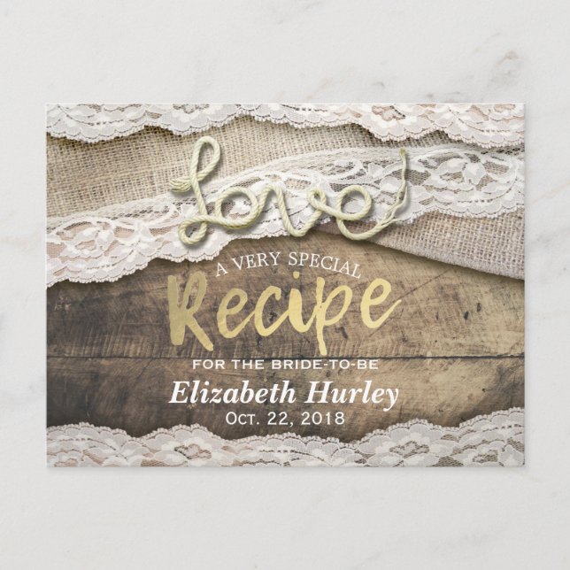 Postal De Invitación Rústica Rope Burlap Lace Bridal Shower Receta (Anverso)