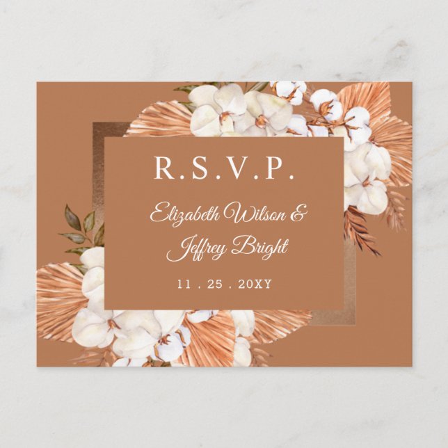 Postal De Invitación Rústica Terracota Boho Pampas Orchids RSVP (Anverso)