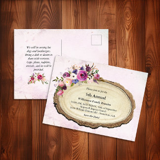 Postal De Invitación Rústica Vintage Reunion Floral Tree Slice