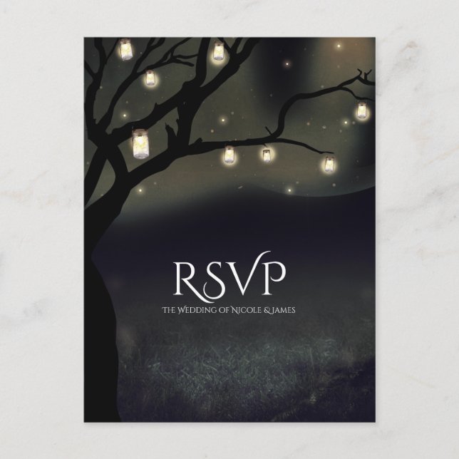Postal De Invitación Rústico Árbol nocturno y Mason Jar Luces Boda RSVP (Anverso)