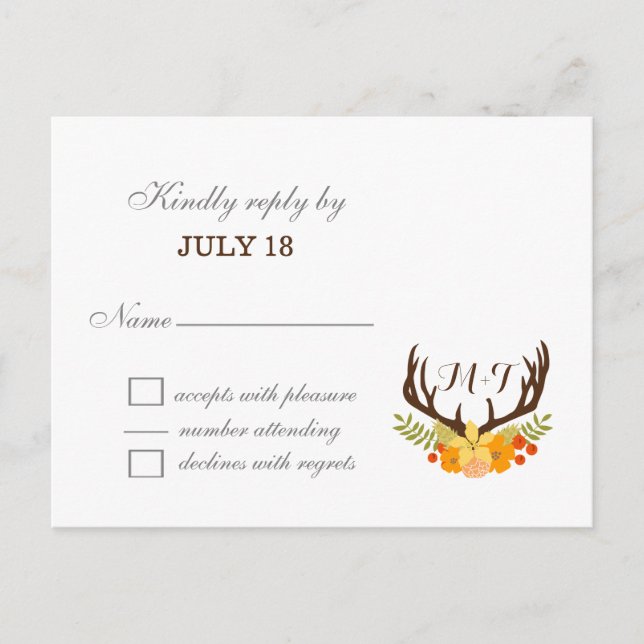 Postal De Invitación Rústico Boda de Antler Deer Floral Woodland (Anverso)