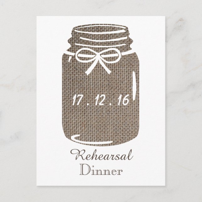 Postal De Invitación Rústico Burlap Mason Jar Boda Ensayo Cena (Anverso)