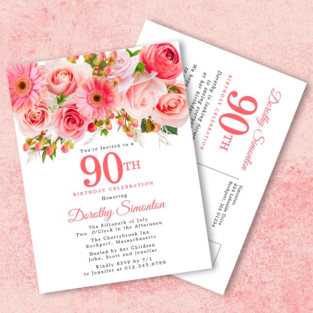 Postal De Invitación Rústico elegante Floral Rosa 90 cumpleaños (Subido por el creador)