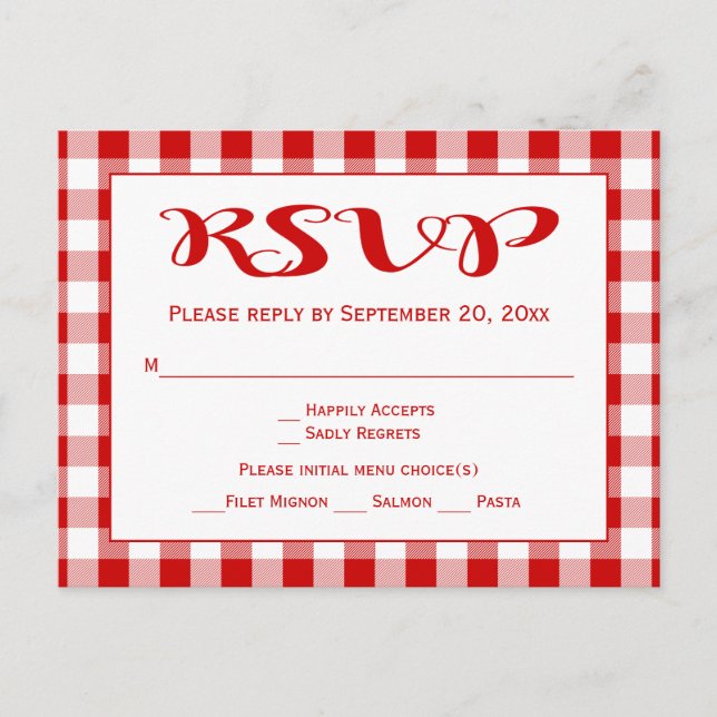 Postal De Invitación Rústico Gingham RSVP Boda Cheques Rojo Y Blanco (Anverso)