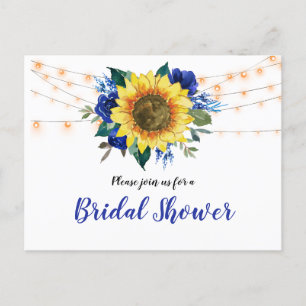 Postal De Invitación Rústico Girasol Azul Floral Luces Británicas Ducha
