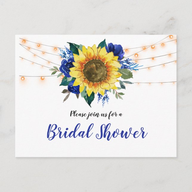 Postal De Invitación Rústico Girasol Azul Floral Luces Británicas Ducha (Anverso)