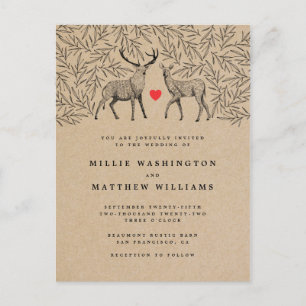 Postal De Invitación Rústico Kraft Woodland Buck & Doe Boda Botánico