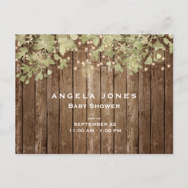 Postal De Invitación Rústico marfil y luces de la valla de madera Códig (Anverso)