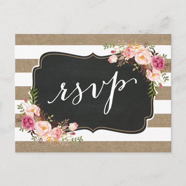 Postal De Invitación Rústico País Linen Burlap Boda Floral RSVP (Anverso)