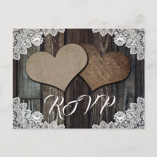 Postal De Invitación Rústico País Madera Lace Burlap Boda Corazón RSVP (Anverso)