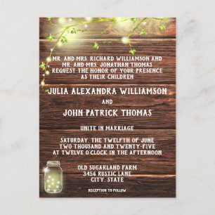 Postal De Invitación Rústico País Madera Mason String Luces Boda