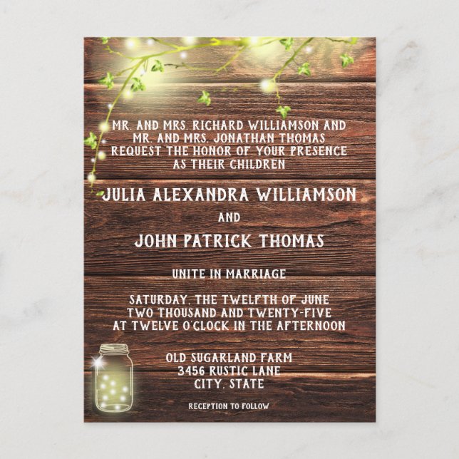 Postal De Invitación Rústico País Madera Mason String Luces Boda (Anverso)
