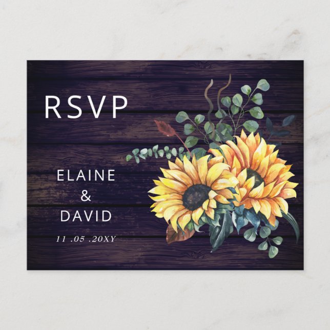 Postal De Invitación Rústico Purple Barn Wood Country Sunflowers RSVP (Anverso)