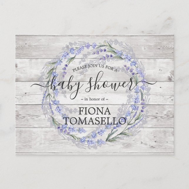 Postal De Invitación Rústico Wood Lavender Floral Wreath Baby Shower (Anverso)
