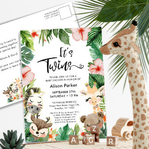 Postal De Invitación Safari Selvático Tropical de Gemelos Fiesta de Beb