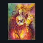 POSTAL DE INVITACIÓN SAFO,MÚSICA DE BAILE Y POESÍA<br><div class="desc">Colorida,  caprichosa,  artística y vibrante pintura en acuarela de Bulgan Lumini (c) en colores brillantes amarillo,  rojo,  púrpura,  rosa,  fucsia,  verde,  con una rosa roja dorada en el reverso,  dedicada a la antigua poeta griega Safo.</div>