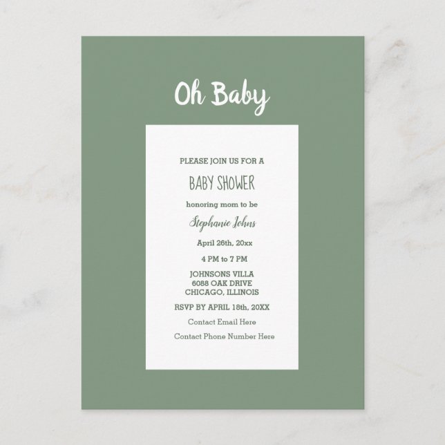 Postal De Invitación Sage Green Baby Shower Elegant Simple Boy Chica (Anverso)