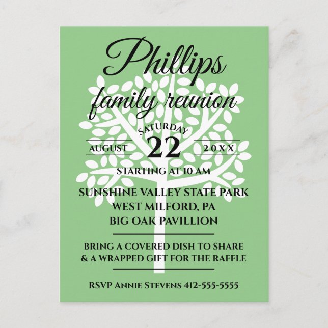 Postal De Invitación Sage Green Family Reunion White Tree Silhouette (Anverso)